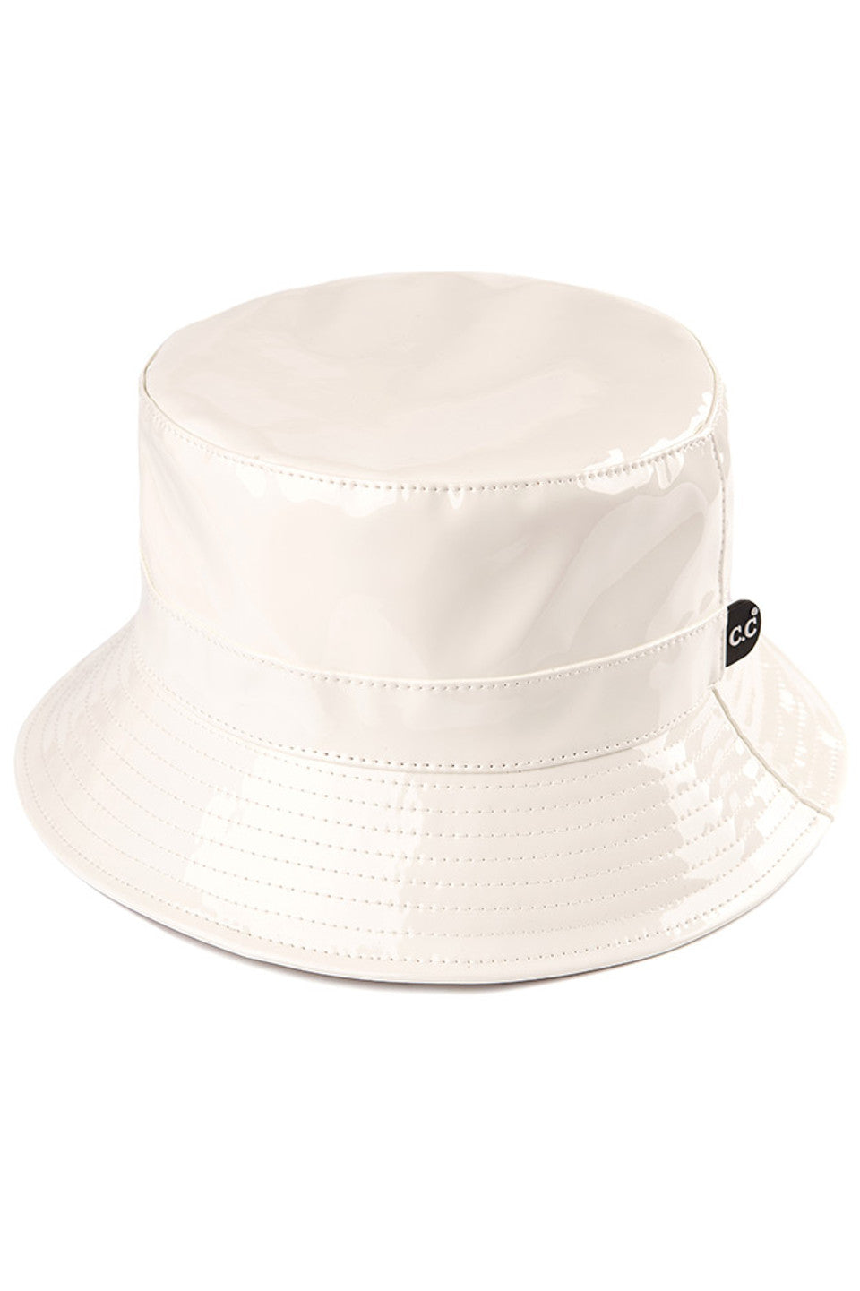 Ivory C.C Brand Shiny Solid Color Reflective Enamel Detailed Rain Bucket Hat; this rain hat is snug on the head and works well to keep rain off the head, out of eyes, and also the back of the neck. Wear it to lend a modern liveliness above a raincoat on trans-seasonal days in the city. Perfect Gift for fashion-forward friend
