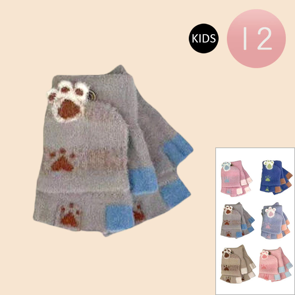 Assorted 12Pairs - Kids Paw Fingerless Flip Top Knit Winter Gloves