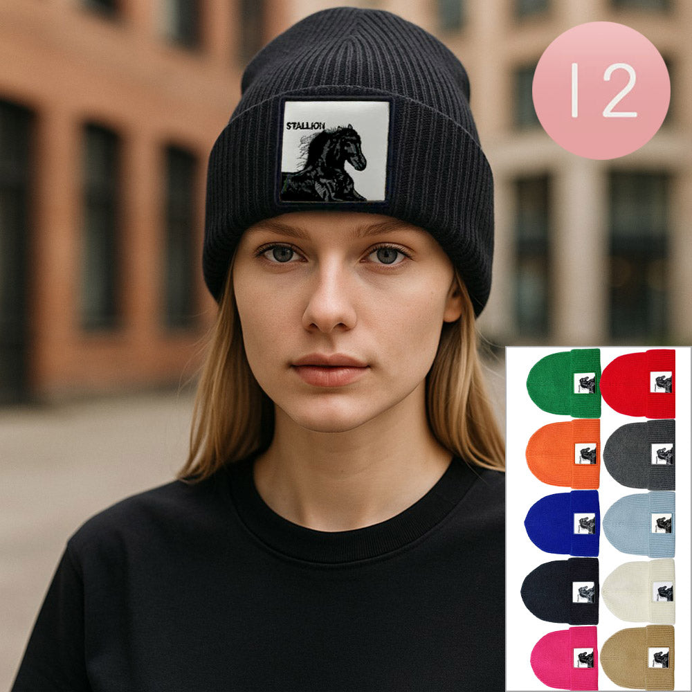 Assorted 12PCS - Stallion Patch Winter Beanie Hats