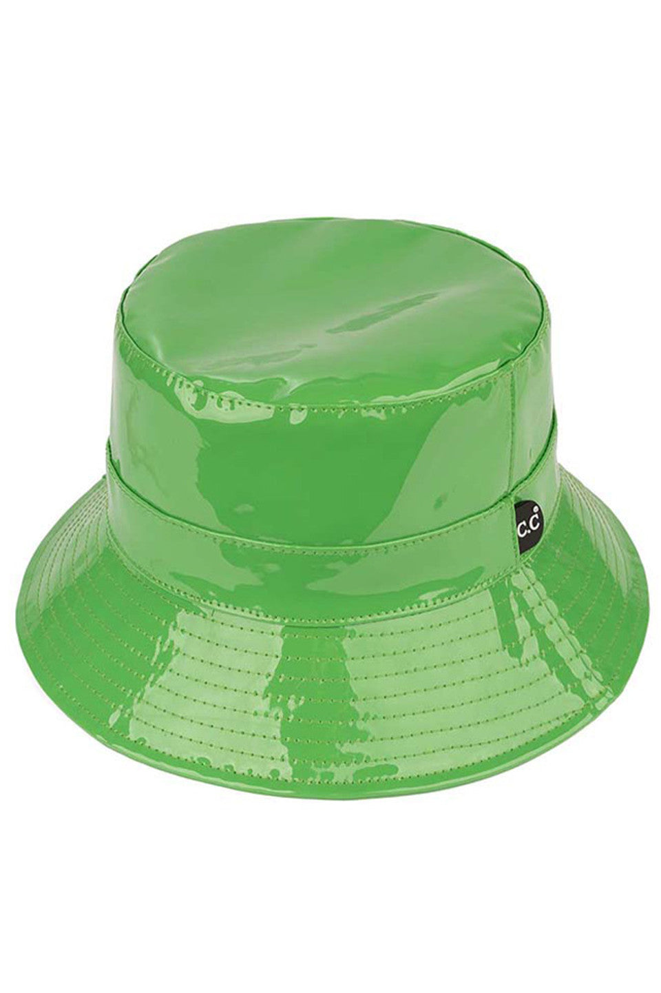 Kelly Green C.C Brand Shiny Solid Color Reflective Enamel Detailed Rain Bucket Hat; this rain hat is snug on the head and works well to keep rain off the head, out of eyes, and also the back of the neck. Wear it to lend a modern liveliness above a raincoat on trans-seasonal days in the city. Perfect Gift for fashion-forward friend
