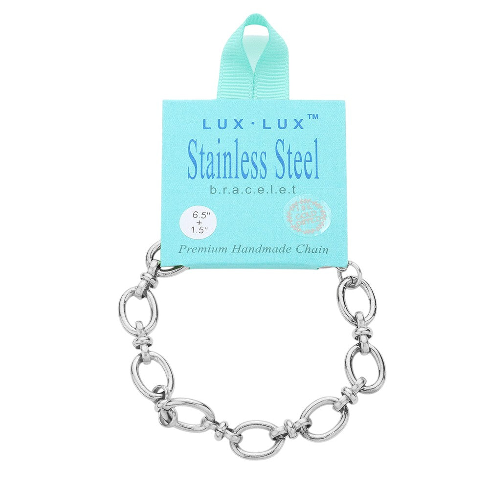 Rhodium 18K White Gold Dipped Stainless Steel Chain Link Bracelet is crafted from durable stainless steel, ensuring long-lasting wear and shine. The chain-link design adds a touch of elegance to any outfit. With its modern and versatile look, this bracelet is perfect for any occasion. Upgrade your jewelry collection today with this beautiful piece.