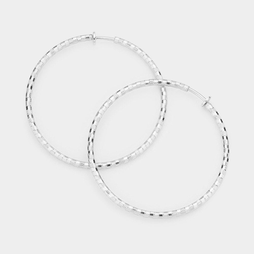 Matte Silver 2.25 Inch Metal Hoop Clip On Earrings