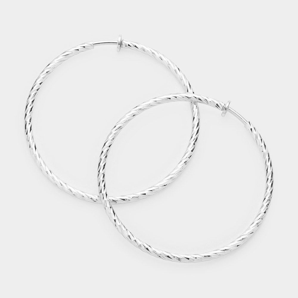 Matte Silver 2.4" Textured metal hoop clip on earrings