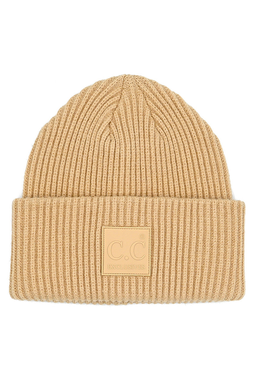 C.C Solid Ribbed Knit Detailed Beanie With Rubber Patch Hat