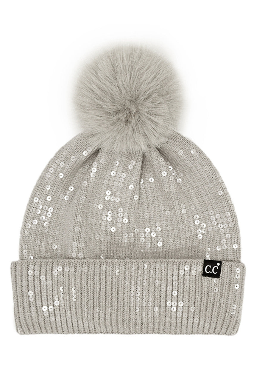 Light Gray C.C All Over Clear Sequin Pom Beanie