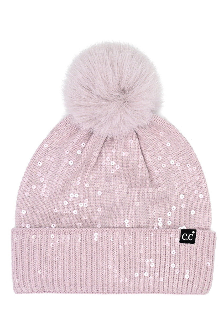Lilac C.C All Over Clear Sequin Pom Beanie