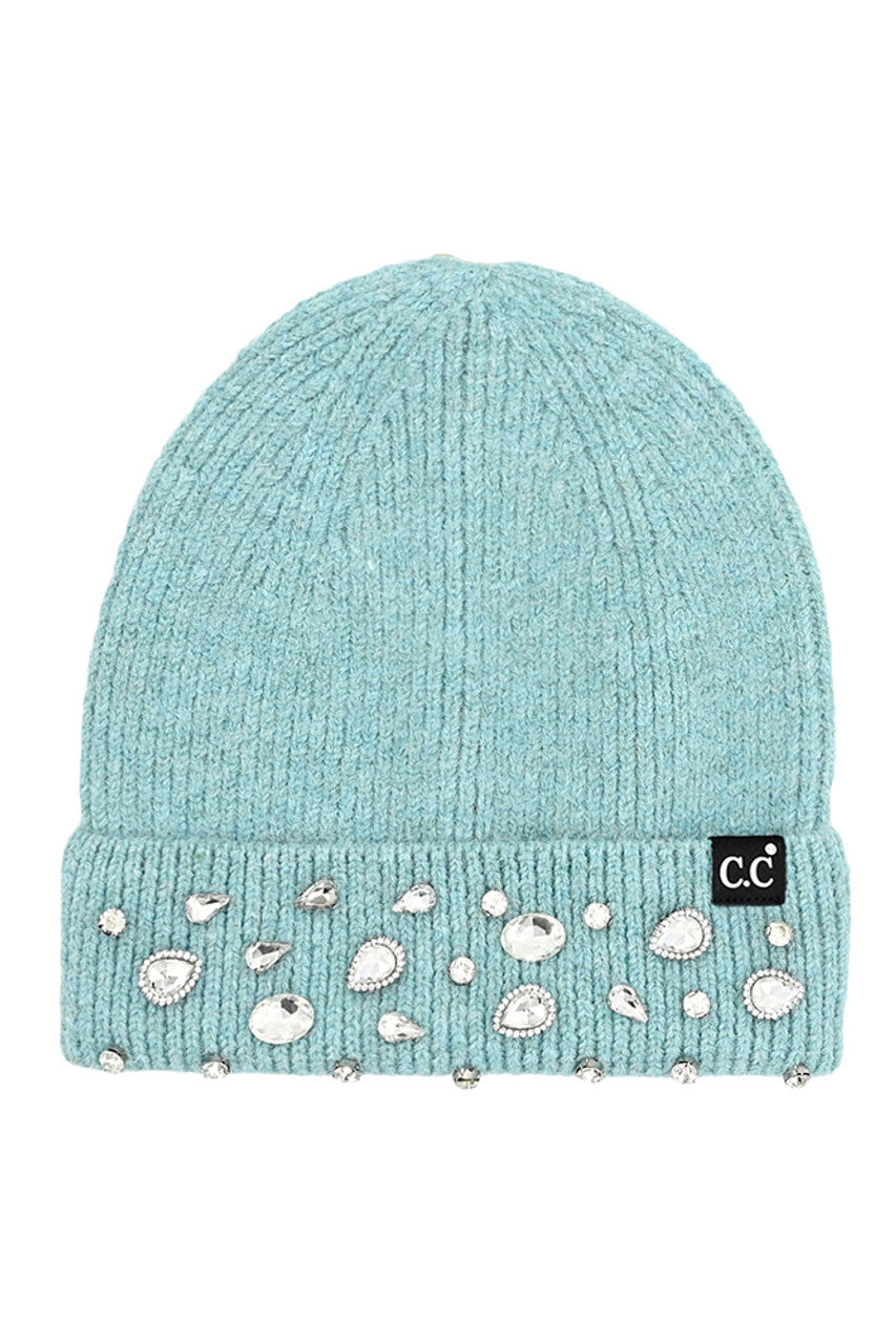Dusty Mint C.C Rhinestone Charm Beanie