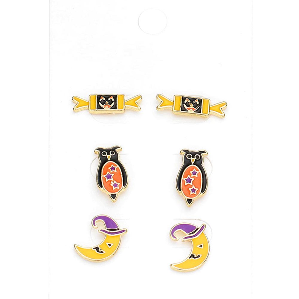 Multi 3Pairs - Enamel Pumpkin Candy Owl Crescent Moon Stud Earrings