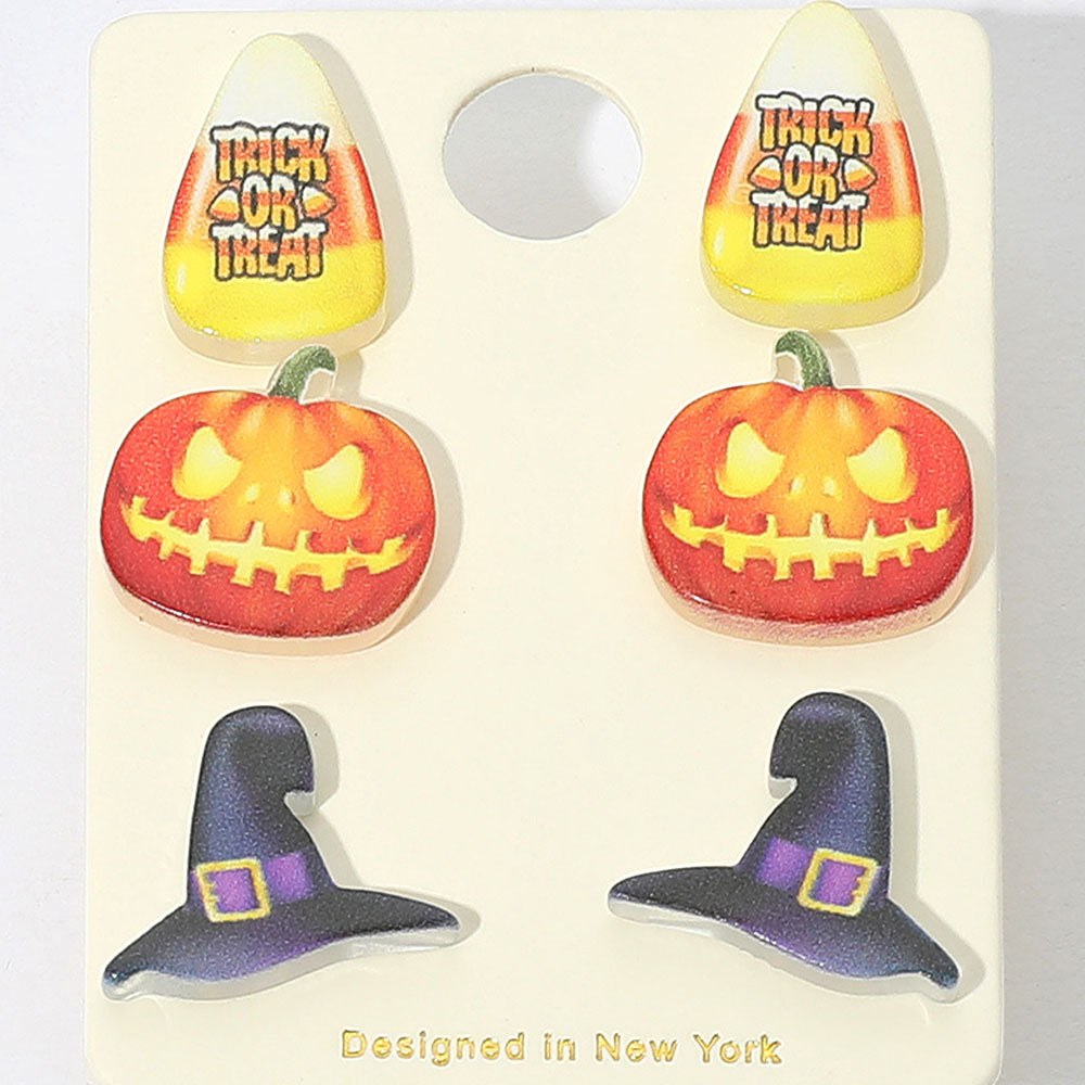 Multi 3Pairs - Halloween Candy Corn Pumpkin Witch Hat Stud Earring Set