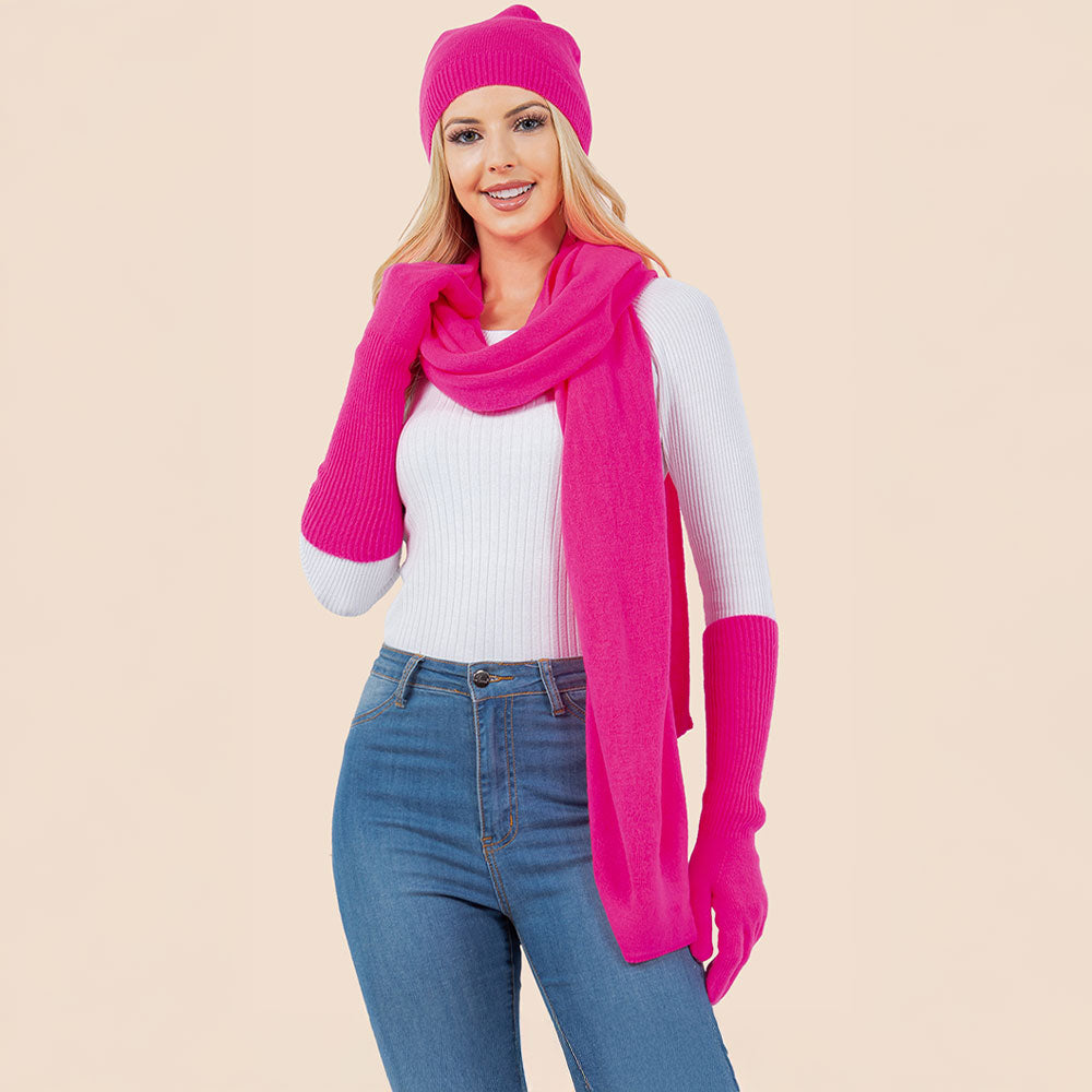 Fuchsia, Neon 3PCS - Solid Winter Beanie Hat Scarf Gloves Set