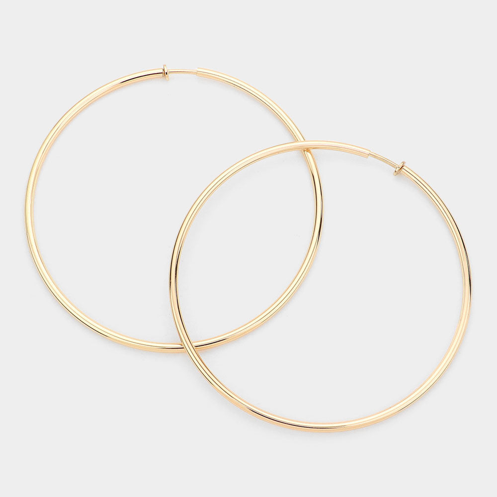 Gold 4 Inch Extra Large Metal Hoop Clip On Earrings