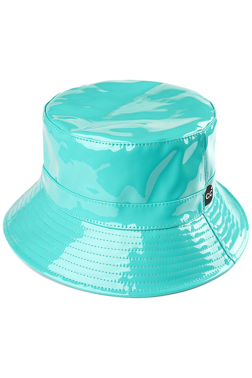Mint C.C Brand Shiny Solid Color Reflective Enamel Detailed Rain Bucket Hat; this rain hat is snug on the head and works well to keep rain off the head, out of eyes, and also the back of the neck. Wear it to lend a modern liveliness above a raincoat on trans-seasonal days in the city. Perfect Gift for fashion-forward friend