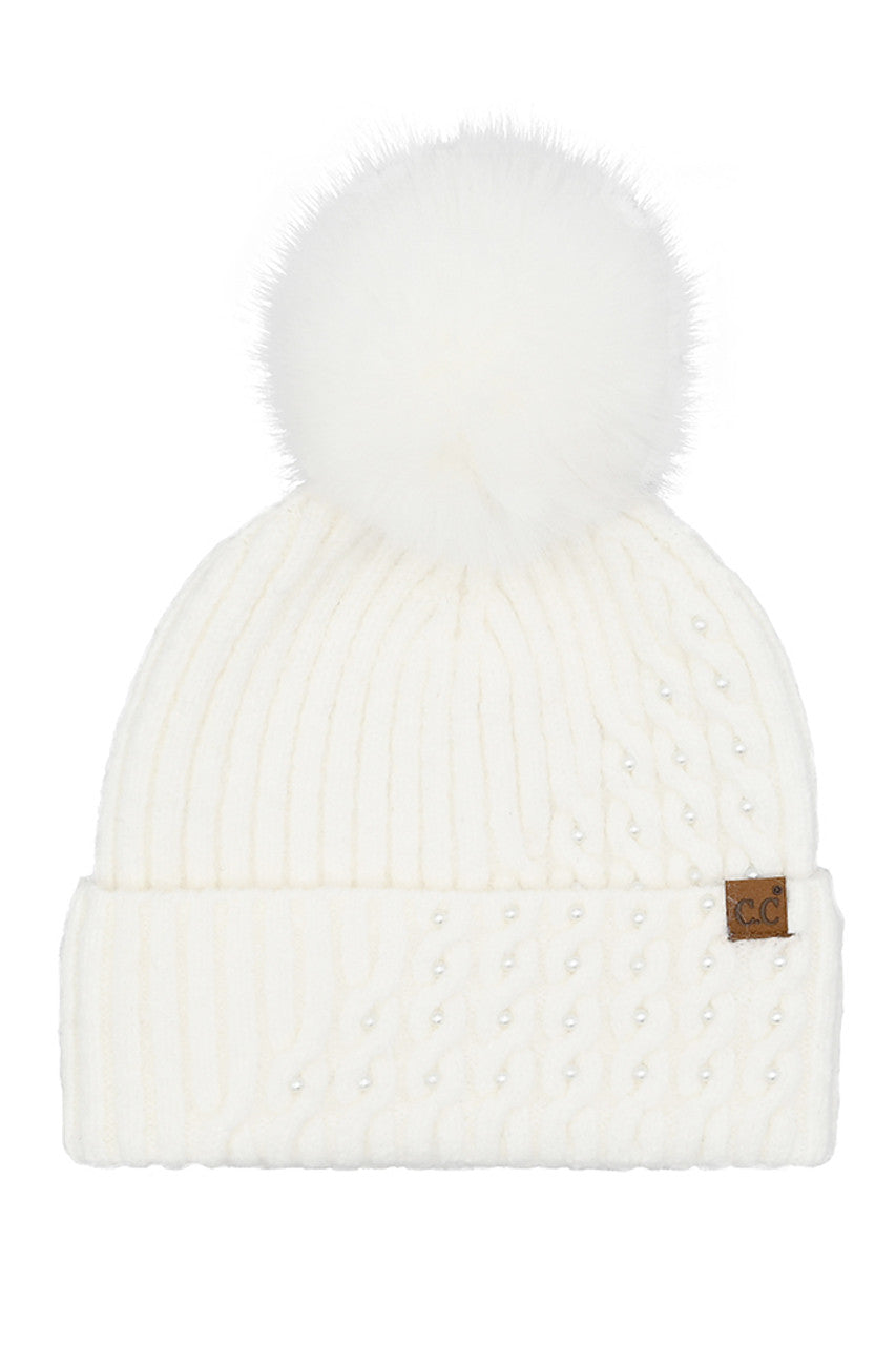 White C.C Cable Pom With Pearl Embellishments Beanie