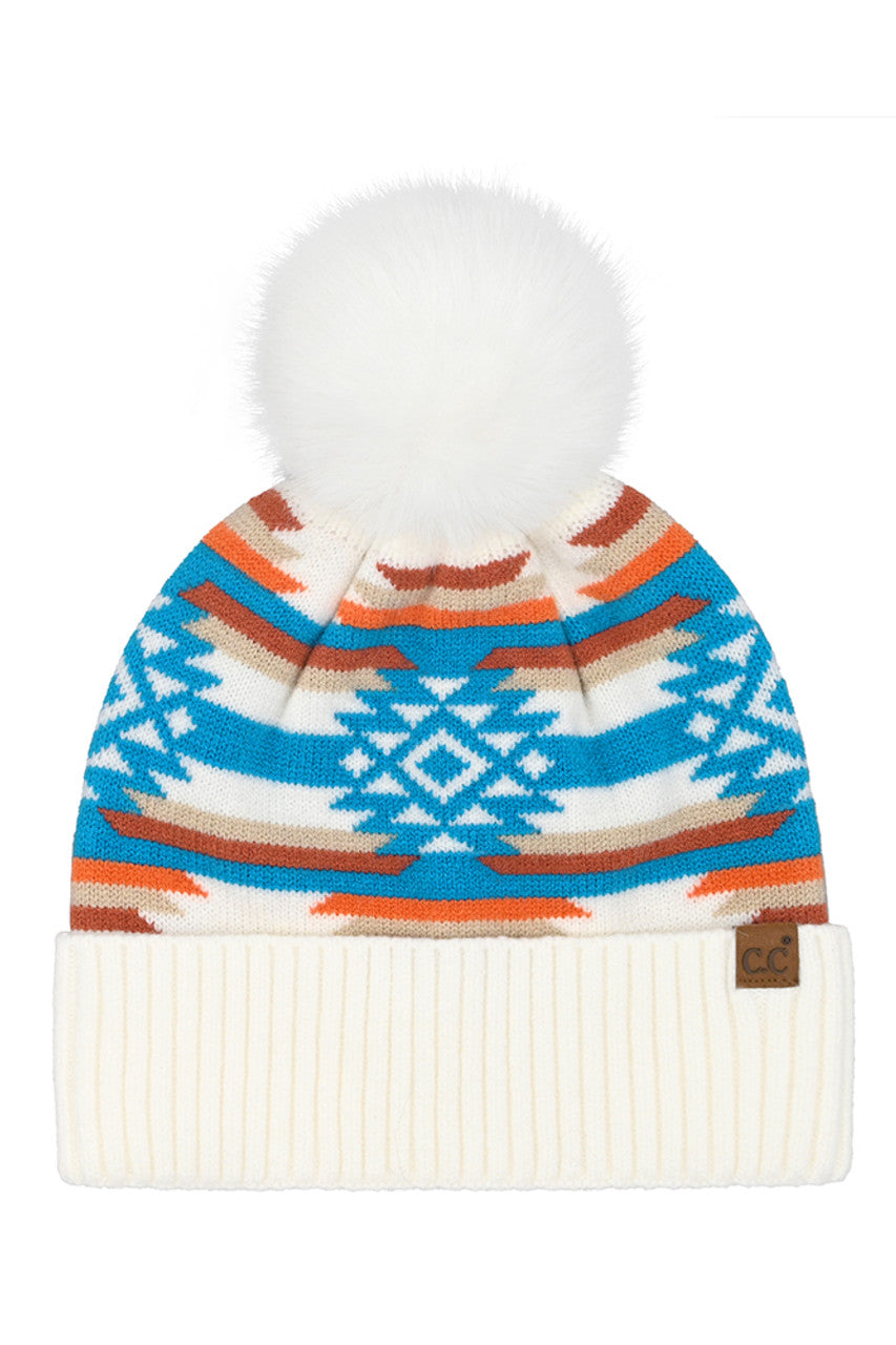 White C.C Aztec Pattern Pom Cuff Beanie