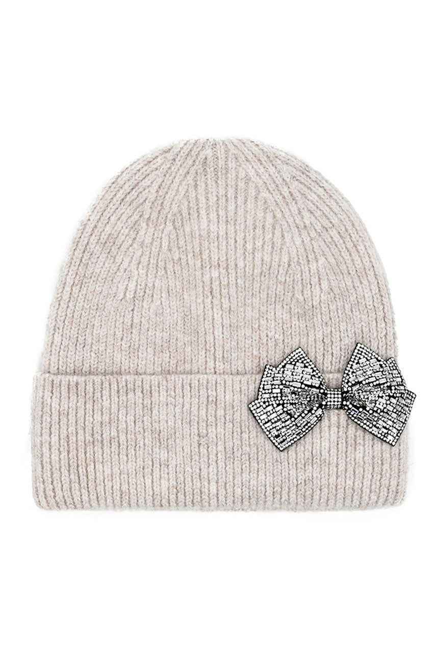 Oatmeal C.C Rhinestone Bow Cuff Beanie