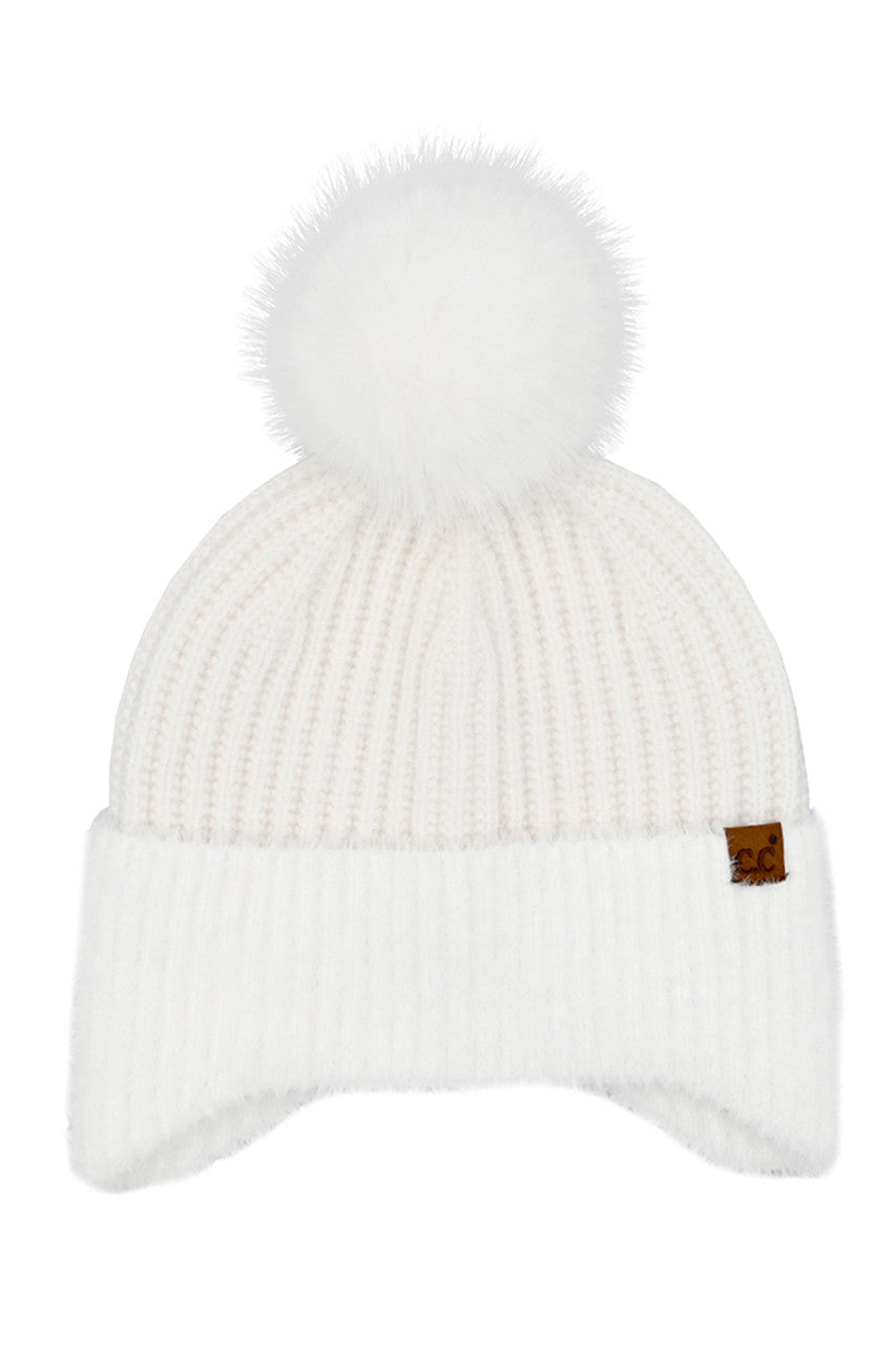 White C.C Fur Earflap Pom Beanie