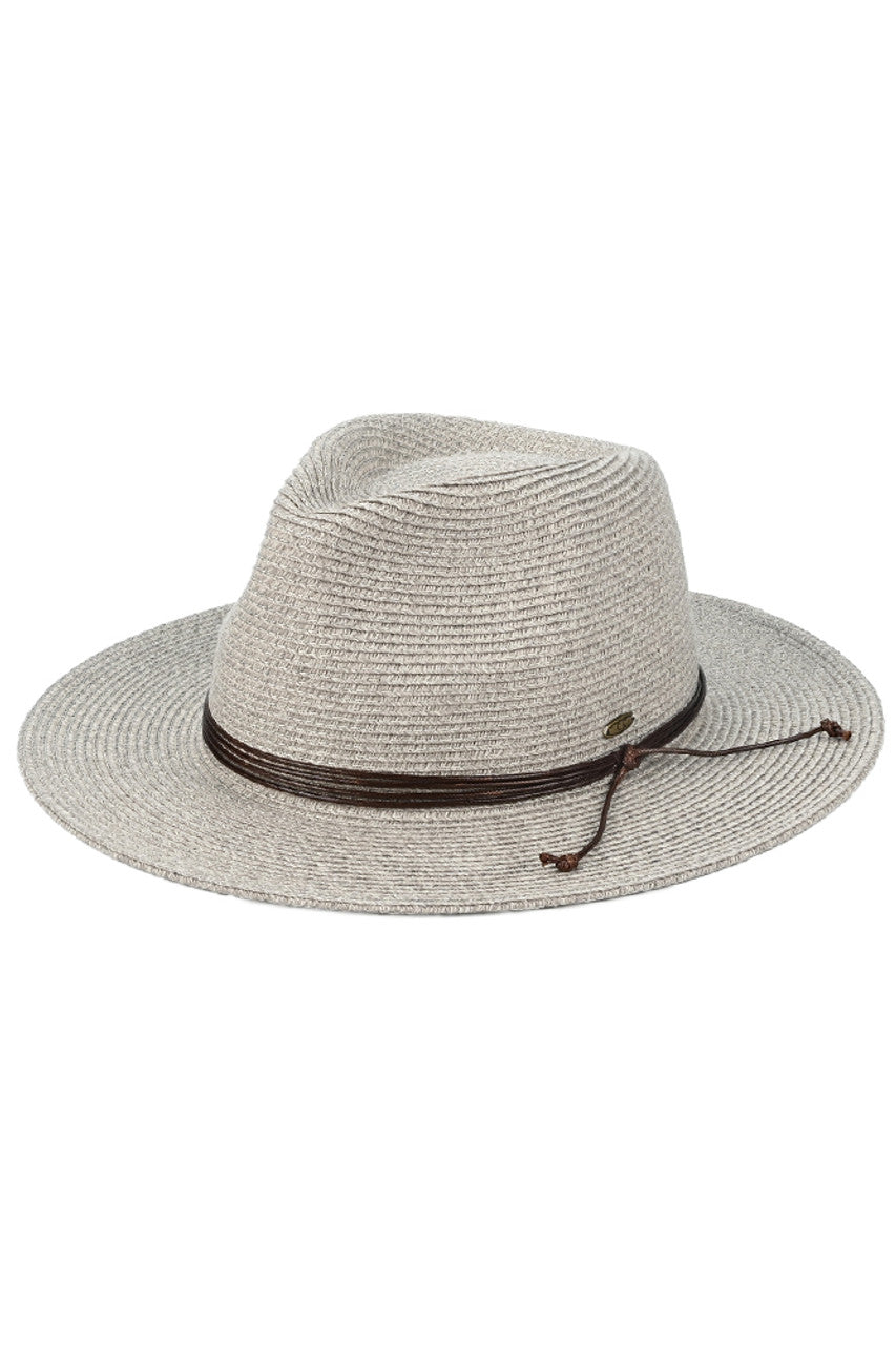 Gray C.C String Trim Band Panama Sun Hat offers stylish protection under the sun. Its sturdy construction and wide brim provide shade, and its string trim band adds a touch of sophistication. Perfect for any outdoor activity, ensuring both fashion and functionality.