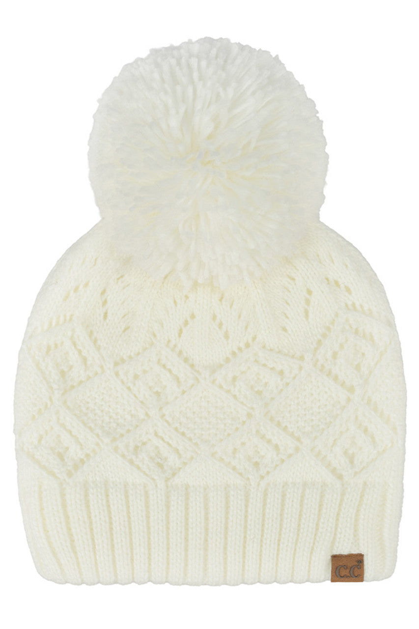 Ivory C.C Diamond Lace Pattern Yarn Pom Solid Beanie