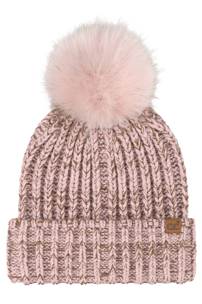 Rose C.C Two Tone Heather Faux Fur Pom Cuff Beanie