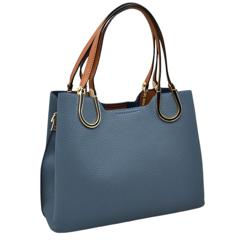 Royal Blue Textured Faux Leather Horseshoe Handle Women's Tote Bag, featuring an eye-catching textured faux leather exterior and a horseshoe-shaped handle. The bag has a spacious interior, perfect for days when you need to carry a lot of items. Its structure and design ensure that your items will stay secure even on the go.