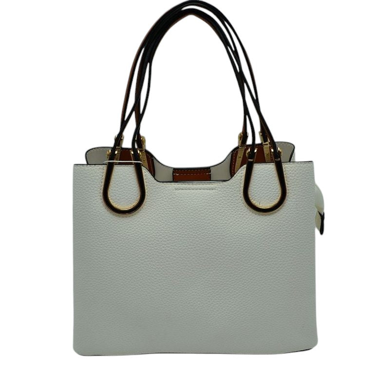 White Textured Faux Leather Horseshoe Handle Women's Tote Bag, featuring an eye-catching textured faux leather exterior and a horseshoe-shaped handle. The bag has a spacious interior, perfect for days when you need to carry a lot of items. Its structure and design ensure that your items will stay secure even on the go.