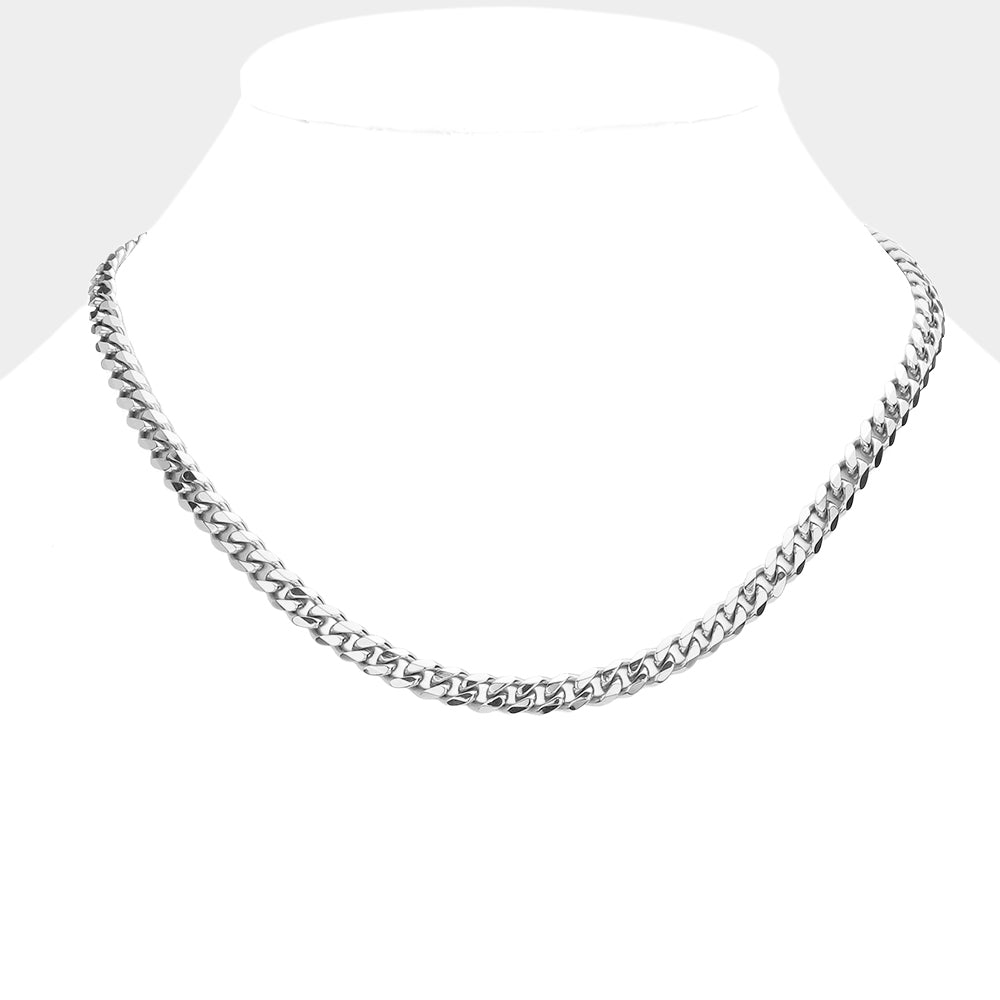 Rhodium 6 Diamond Cut Stainless Steel 16 Inch 6.2mm Cuban Metal Chain Necklace