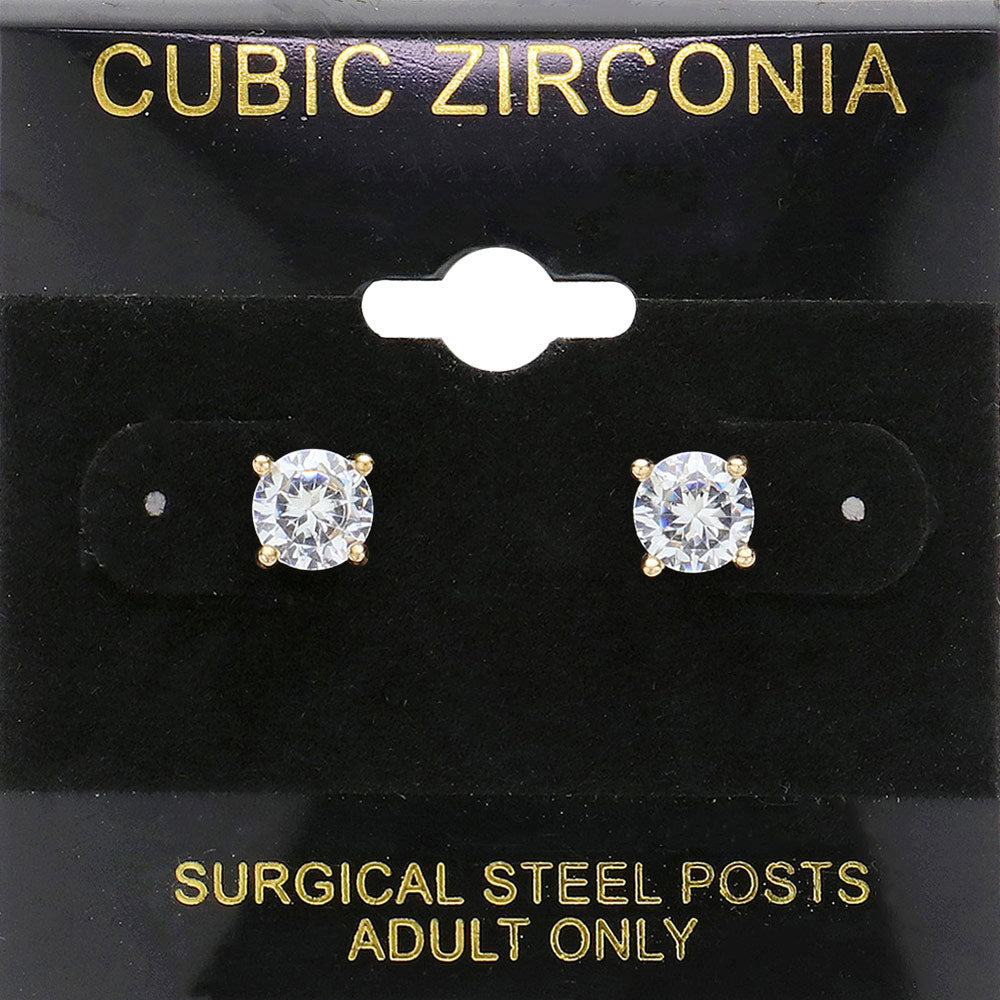 Clear, Gold 6mm Round CZ Stud Earrings
