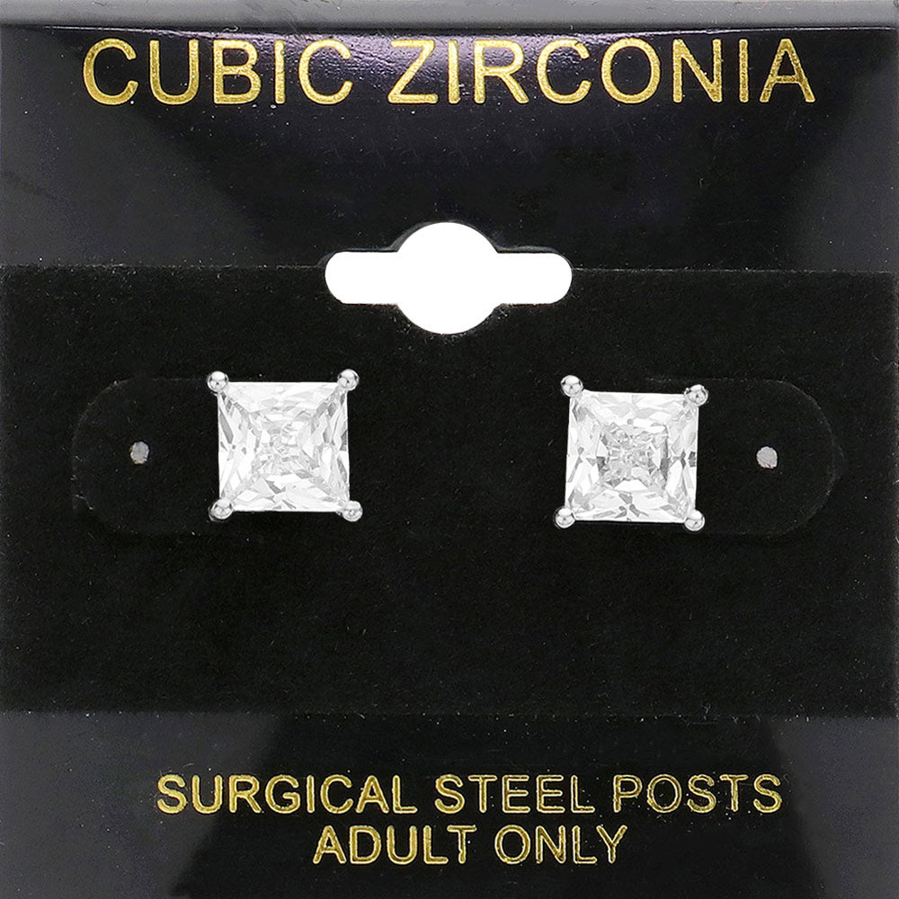 Clear, Silver 7mm Square CZ stud Earrings