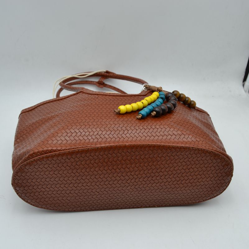 Woven Scoop-Top Tote Bag with Drawstring Lining and Beaded Charm - Tote Bag