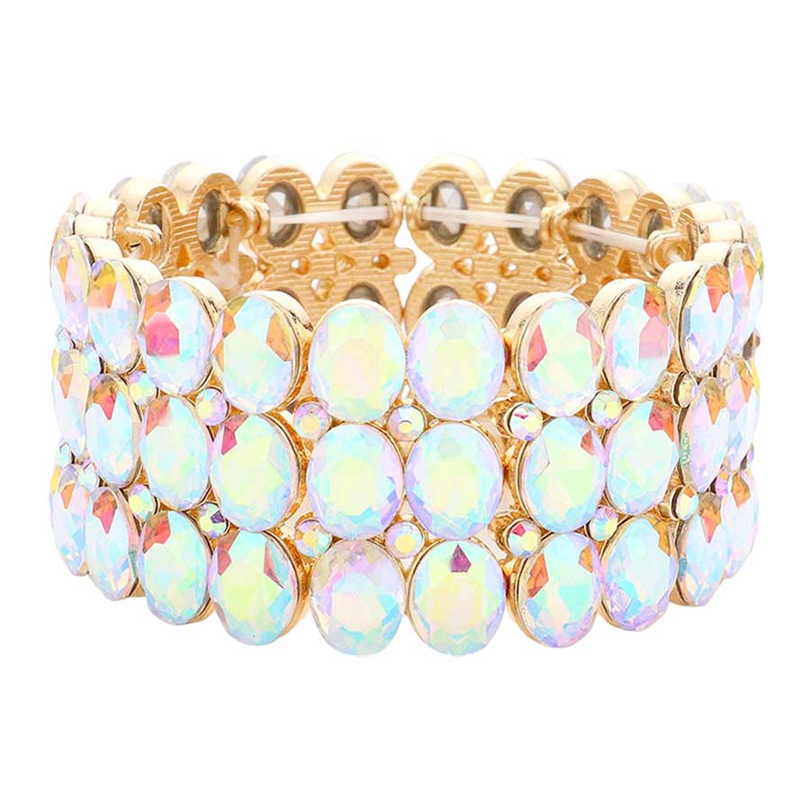 AB Gold Oval Stone Cluster Stretch Evening Bracelet, This beautiful bracelet features an elegant design with 14K rose gold plated accents and center stones for a stunning, eye-catching look. Enjoy the comfort of the elasticized fit and the glamour of special occasions. Perfect for your next formal event or evening out.