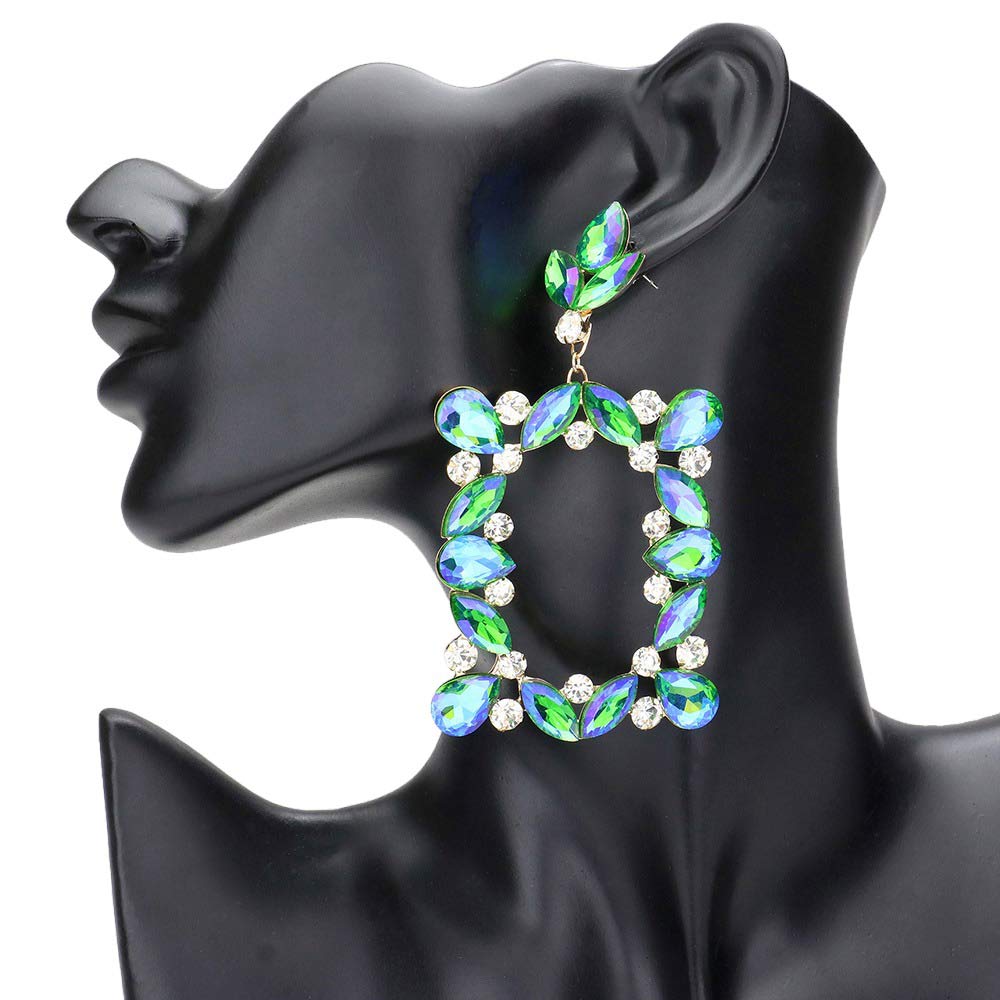 AB Green Marquise Round Stone Cluster Open Rectangle Dangle Evening Earrings, Elevate any evening look with stunning earrings. Combining timeless elegance with modern style, these earrings feature a cluster of marquise stones set in an open rectangle design for maximum sparkle. Add a special touch to your wardrobe with these.