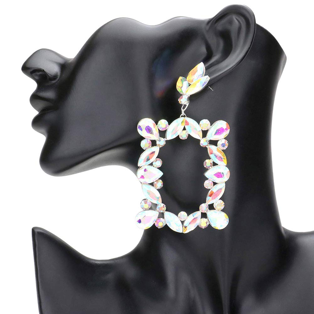 AB Silver Marquise Round Stone Cluster Open Rectangle Dangle Evening Earrings, Elevate any evening look with stunning earrings. Combining timeless elegance with modern style, these earrings feature a cluster of marquise stones set in an open rectangle design for maximum sparkle. Add a special touch to your wardrobe with these.