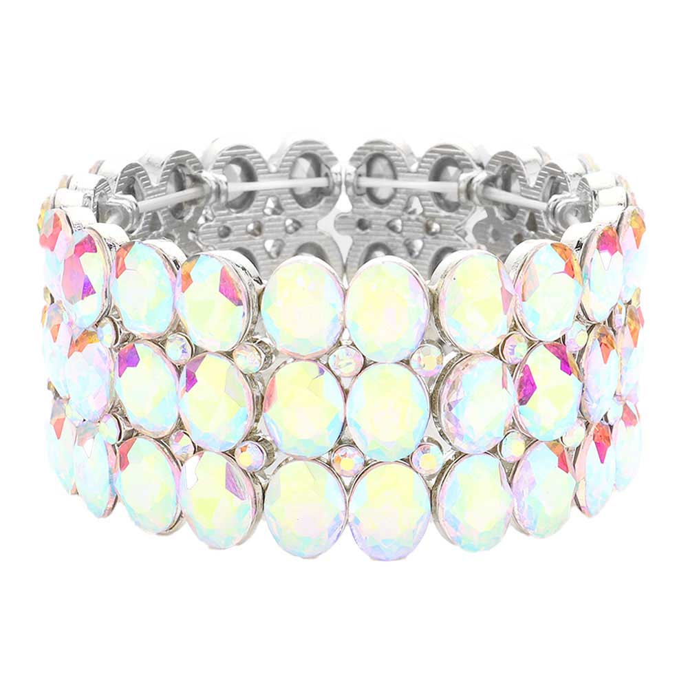 AB Silver Oval Stone Cluster Stretch Evening Bracelet, This beautiful bracelet features an elegant design with 14K rose gold plated accents and center stones for a stunning, eye-catching look. Enjoy the comfort of the elasticized fit and the glamour of special occasions. Perfect for your next formal event or evening out.