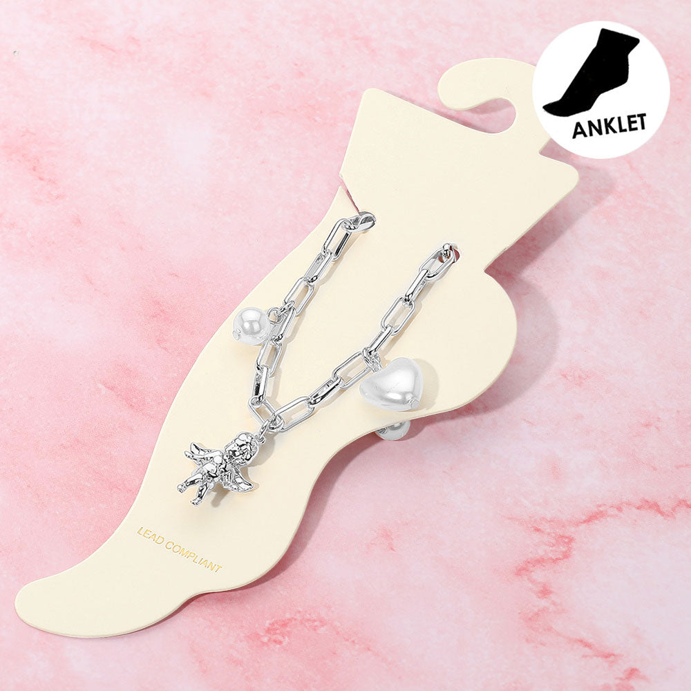 Madeline Love Cream, Rhodium Heart Pearl Metal Bow Angel Balloon Dog Charm Station Paperclip Chain Anklet - Anklets