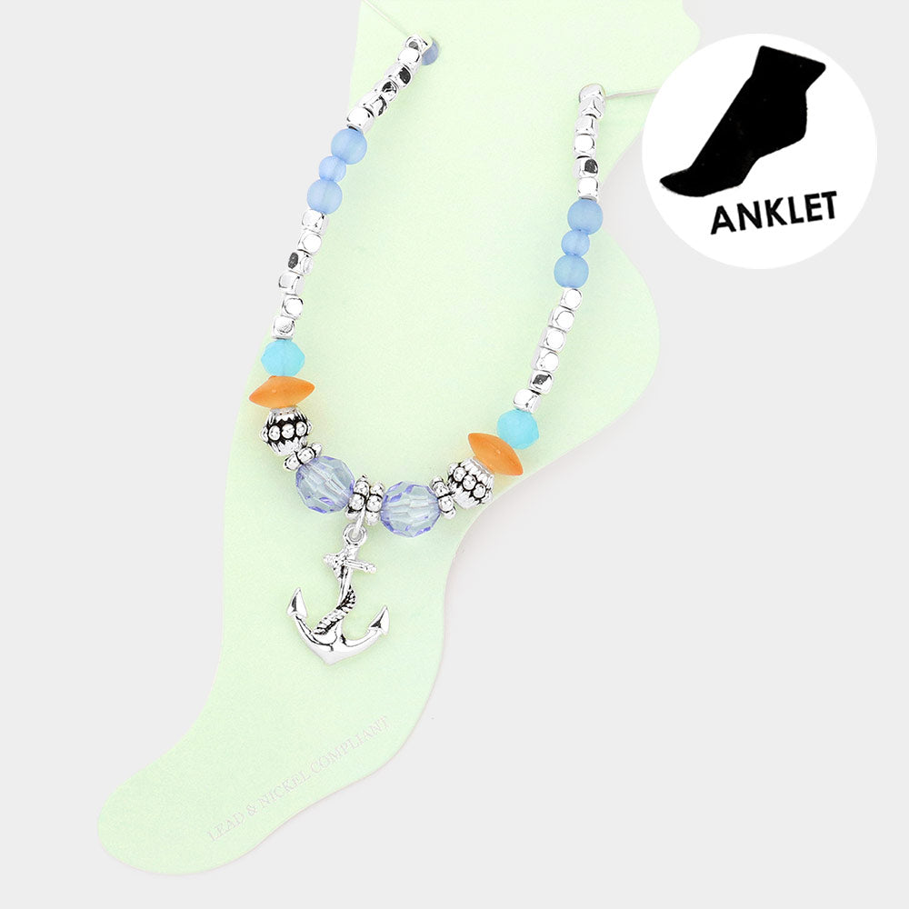 Madeline Love Antique Silver, Multi Antique Metal Anchor Charm Beaded Anklet - Anklets