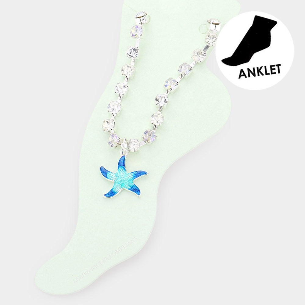 Clear Enamel Starfish Charm Round Stone Anklet