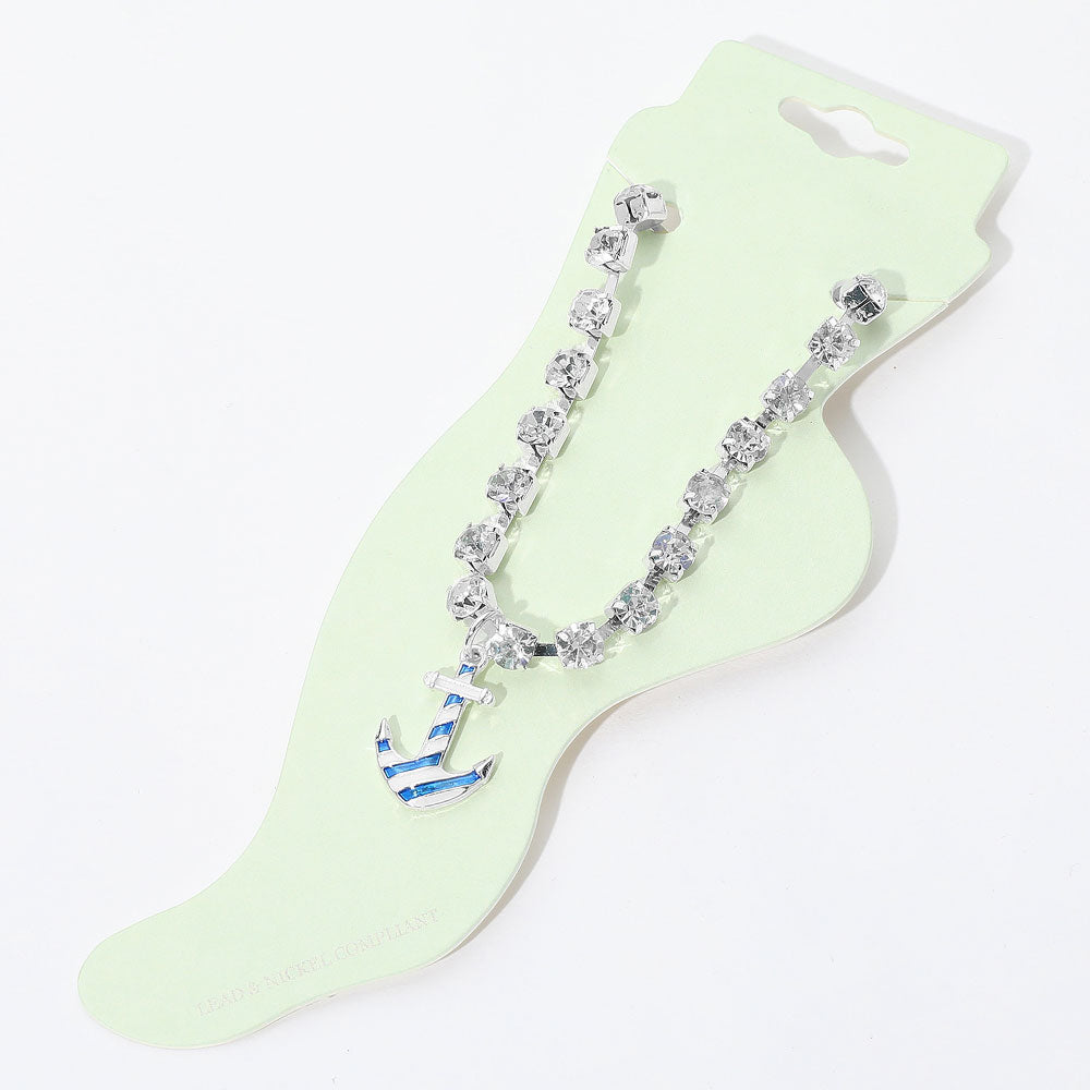Madeline Love Clear, Silver Enamel Anchor Charm Round Stone Anklet - Anklets
