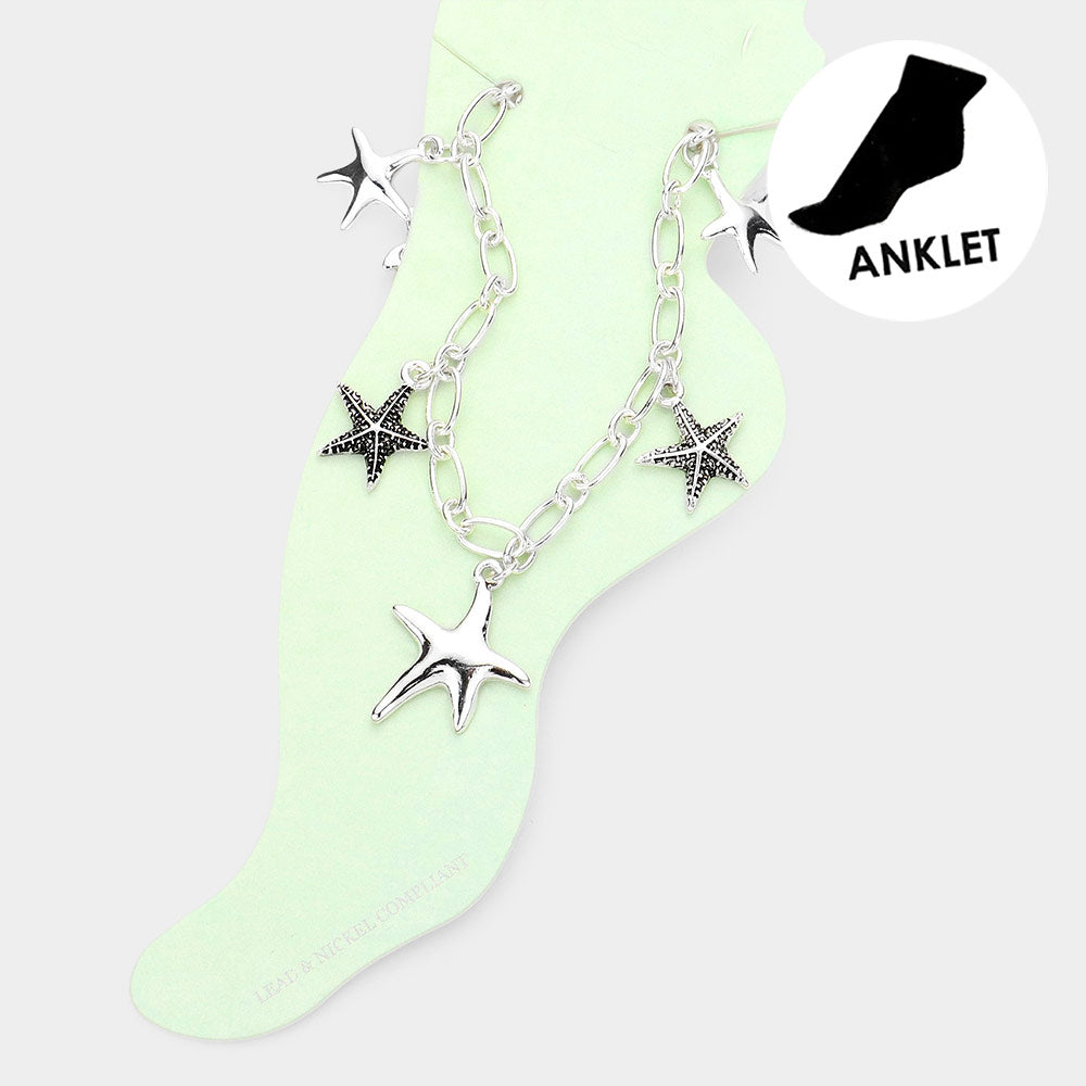 Madeline Love Antique Silver Antique Metal Starfish Charm Station Anklet - Anklets