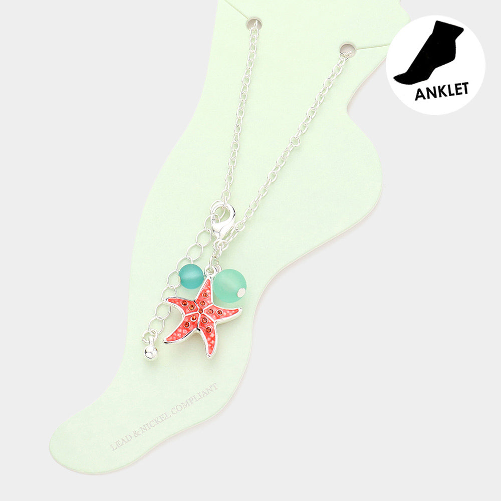 Madeline Love Coral Rhinestone Embellished Enamel Starfish Charm Anklet - Anklets