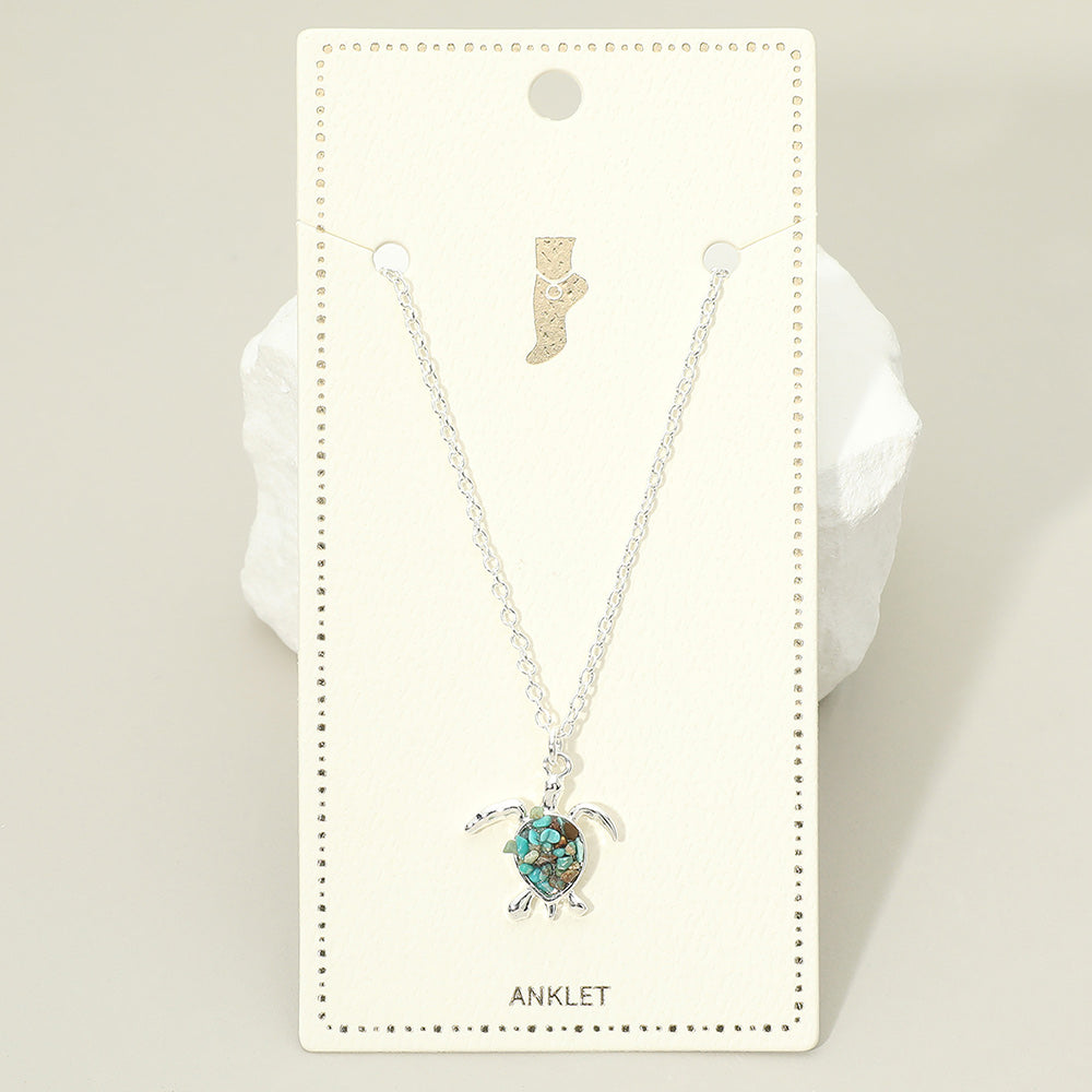 Madeline Love Silver, Turquoise Crushed Pebble Sea Turtle Charm Anklet - Anklets