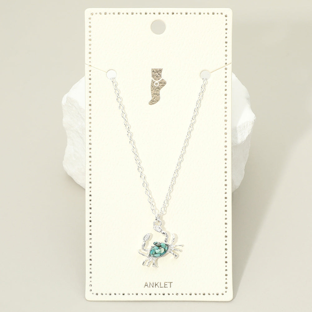 Madeline Love Silver, Turquoise Crushed Pebble Crab Charm Anklet - Anklets