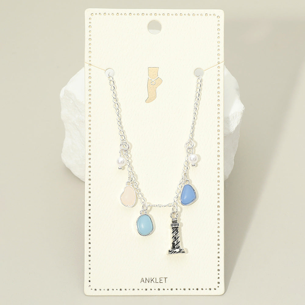 Madeline Love Antique Silver, Blue Lighthouse Sea Glass Pearl Charm Station Anklet - Anklets