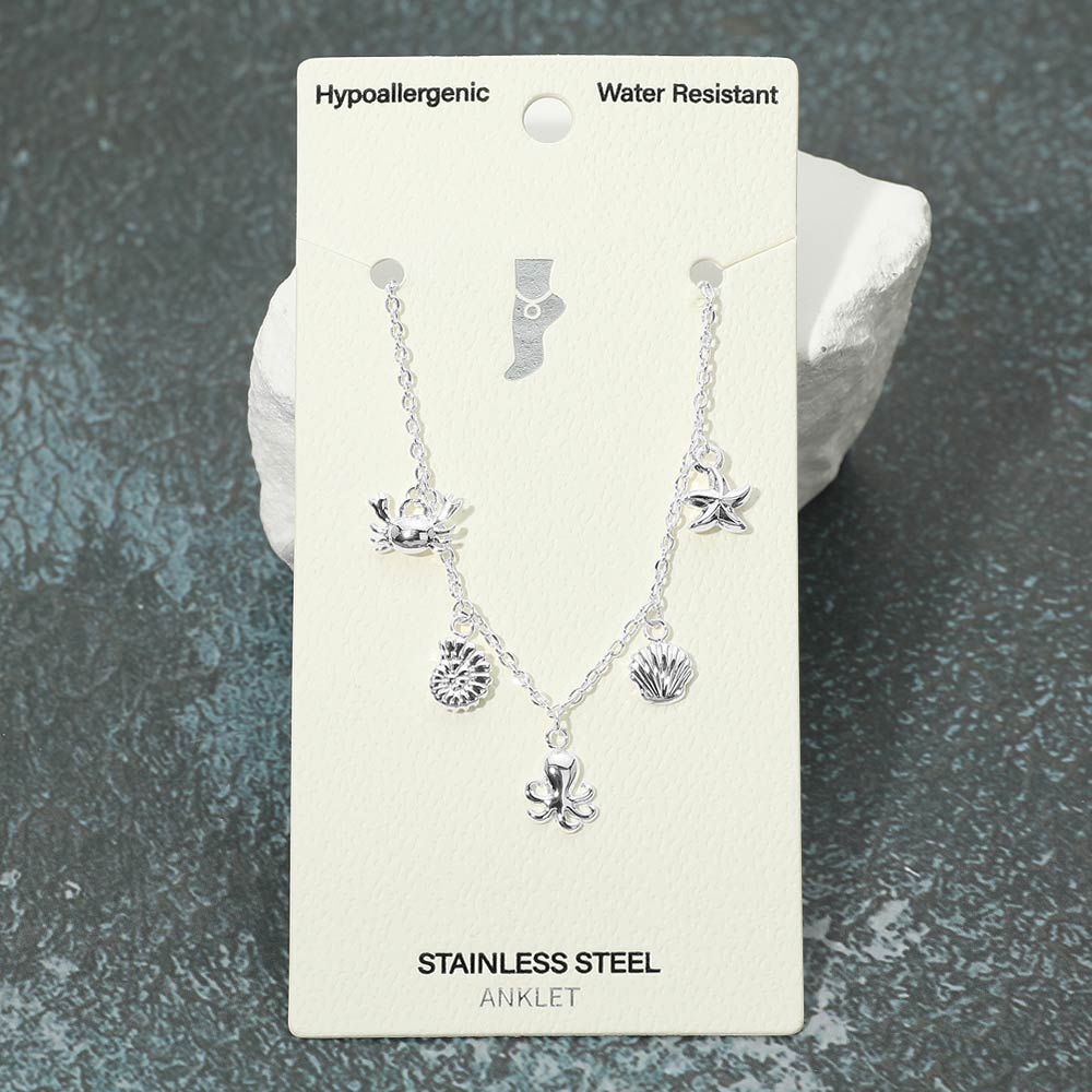 Madeline Love Silver Stainless Steel Octopus Crab Starfish Shell Charm Station Anklet - Jewelry
