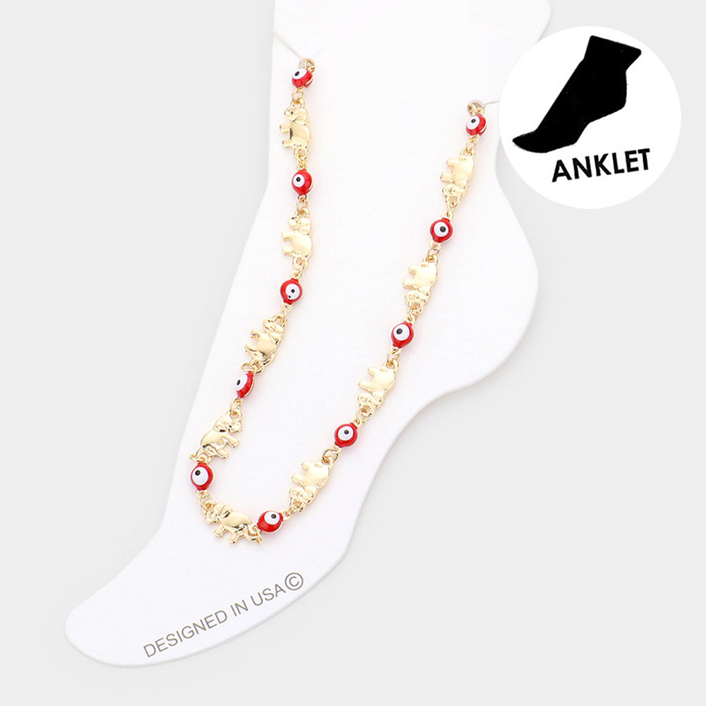 Madeline Love Gold, Red Evil Eye Metal Elephant Link Anklet - Anklets