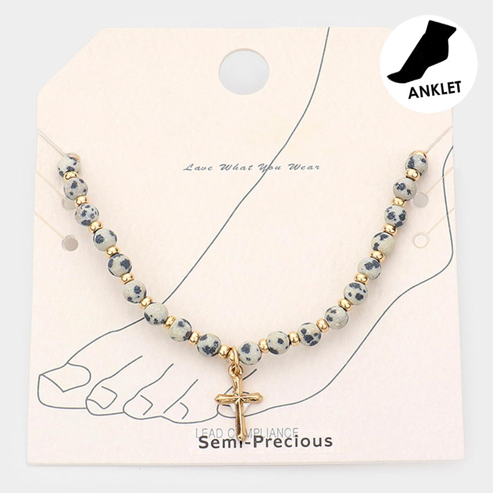 Madeline Love Black, Neutral, Worn Gold Metal Cross Charm Semi Precious Stretch Anklet - Anklets