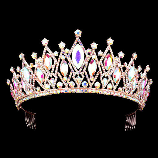 AB Rose Gold Marquise Stone Accented Princess Tiara is exquisitely crafted with a marquise-cut stone set in a sleek metal band, this timeless piece adds a touch of classic elegance to any special occasion. Perfect for bringing a touch of regal elegance, shimmer and shine on your wedding day, Prom, Sweet 16, Quincenera, Novia