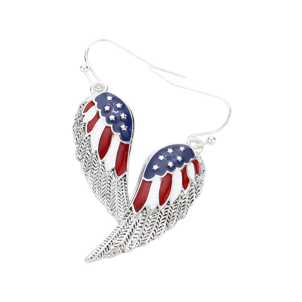 Antique Silver Multi Enamel American Flag Wing Dangle Earrings feature precision-crafted wings adorned with authentic American flag detailing. The high-quality enamel work showcases vibrant red, white, and blue colouration with exceptional clarity and durability. The distinctive wing silhouette creates a dynamic visual effect when worn, making these earrings an ideal accessory for patriotic celebrations or as a refined expression of national pride.