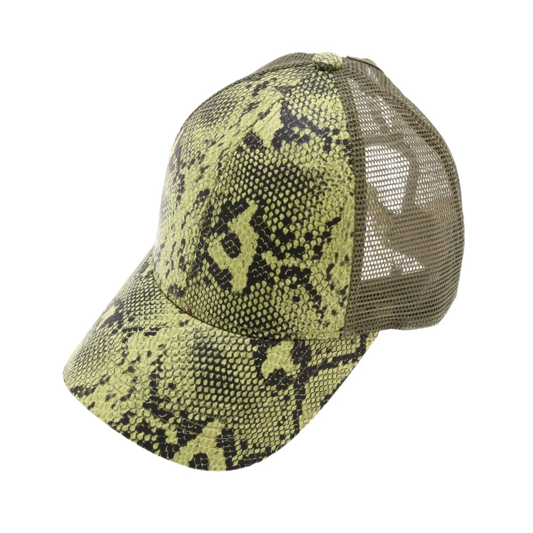 Matte Snake Print High Ponytail CC Ball Cap combines edgy style with practical design. Featuring a distinctive matte snake print, this cap is tailored to accommodate high ponytails comfortably, making it perfect for active lifestyles. The subtle CC logo detail adds a refined touch, while the breathable fabric ensures comfort throughout wear. Ideal for those who want to maintain a polished look without sacrificing functionality.