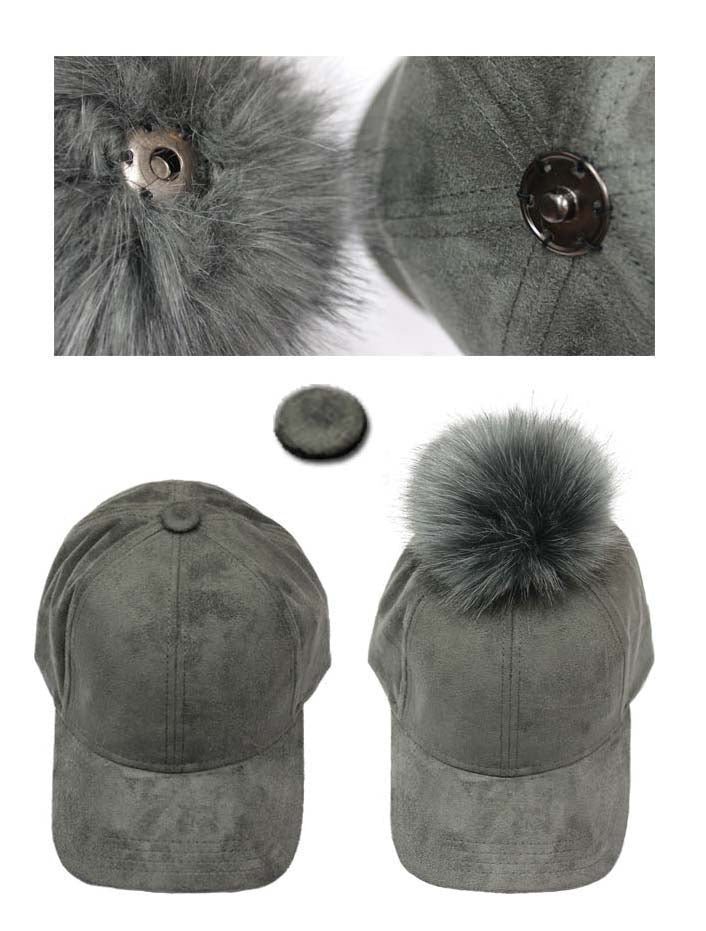 C.C Suede Baseball Cap With Fur Pom Pom 100% Polyester