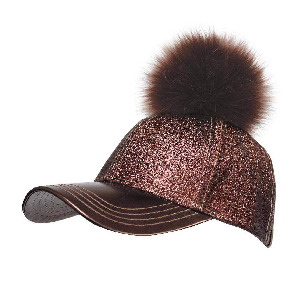 C.C Glitter Faux Leather Baseball Cap With Pom Pom 100% Polyester